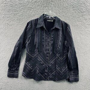 Apt 9 Women Top Large Black Silver Stripe Button Front Long Sleeve Shirt Stretch
